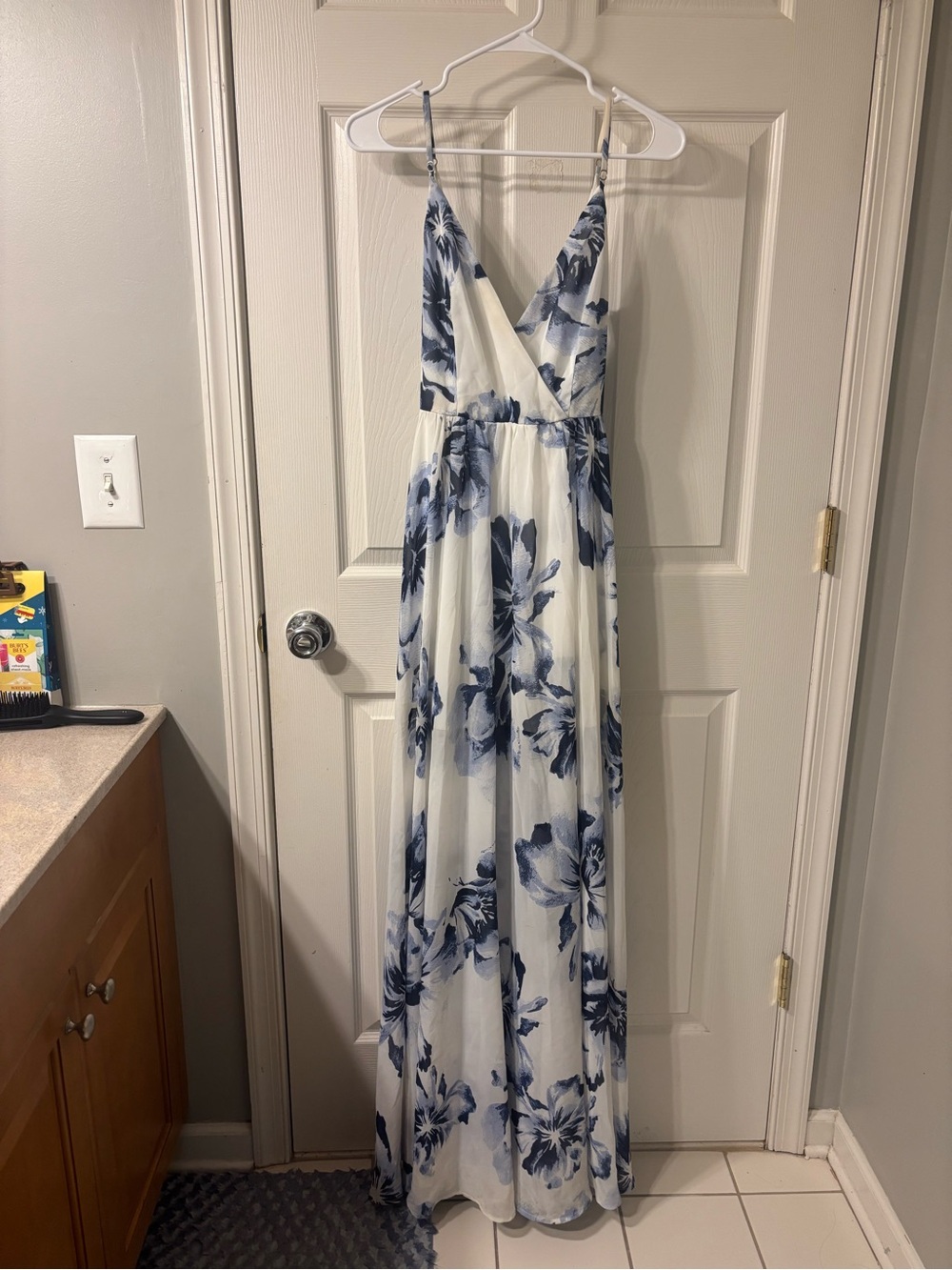 White & Blue Floral Maxi Dress with V-Neck